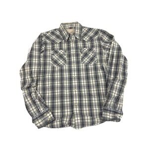 Hollister Shirt Mens Medium Blue Green Plaid Pearl Snap Western 100% Cotton Nice